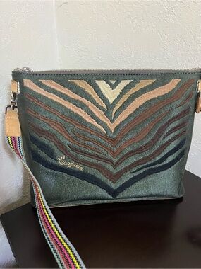 Consuela Olive Green Embroidered slash crossbody with Multicolor Strap